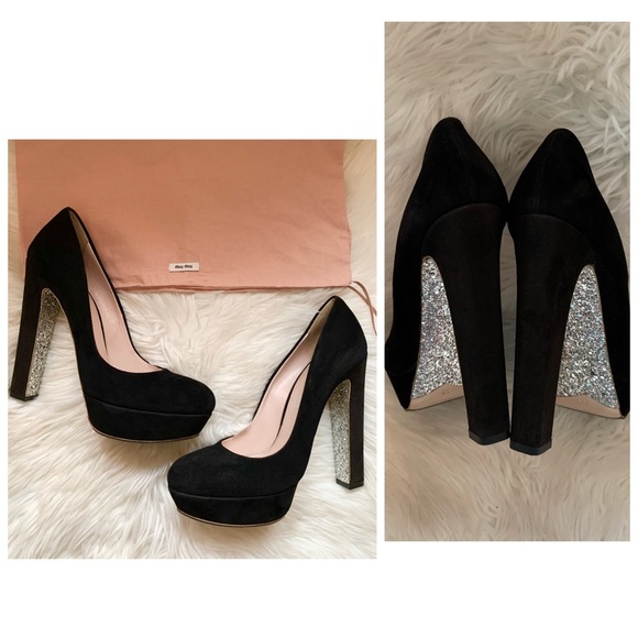 Miu Miu Shoes - MIU MIU Glitter Suede Platform Block Heel Pumps